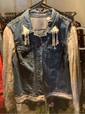 Liz Claiborne Blue Denim Jacket with Multicolor Beaded Sleeves